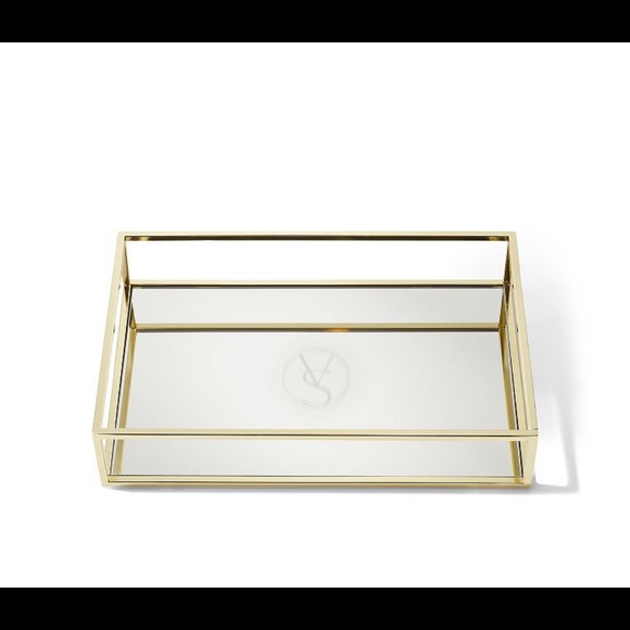VICTORIA'S SECRET Gold Logo Mirrored Vanity Tray Display Velvet Back-NIB HTF - Picture 2 of 4